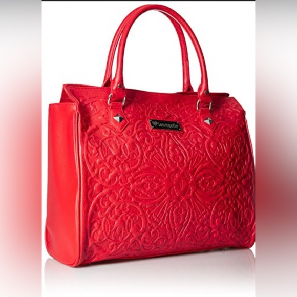 LOUNGEFLY LATTICE SKULL TOTE, RED - Picture 1 of 8
